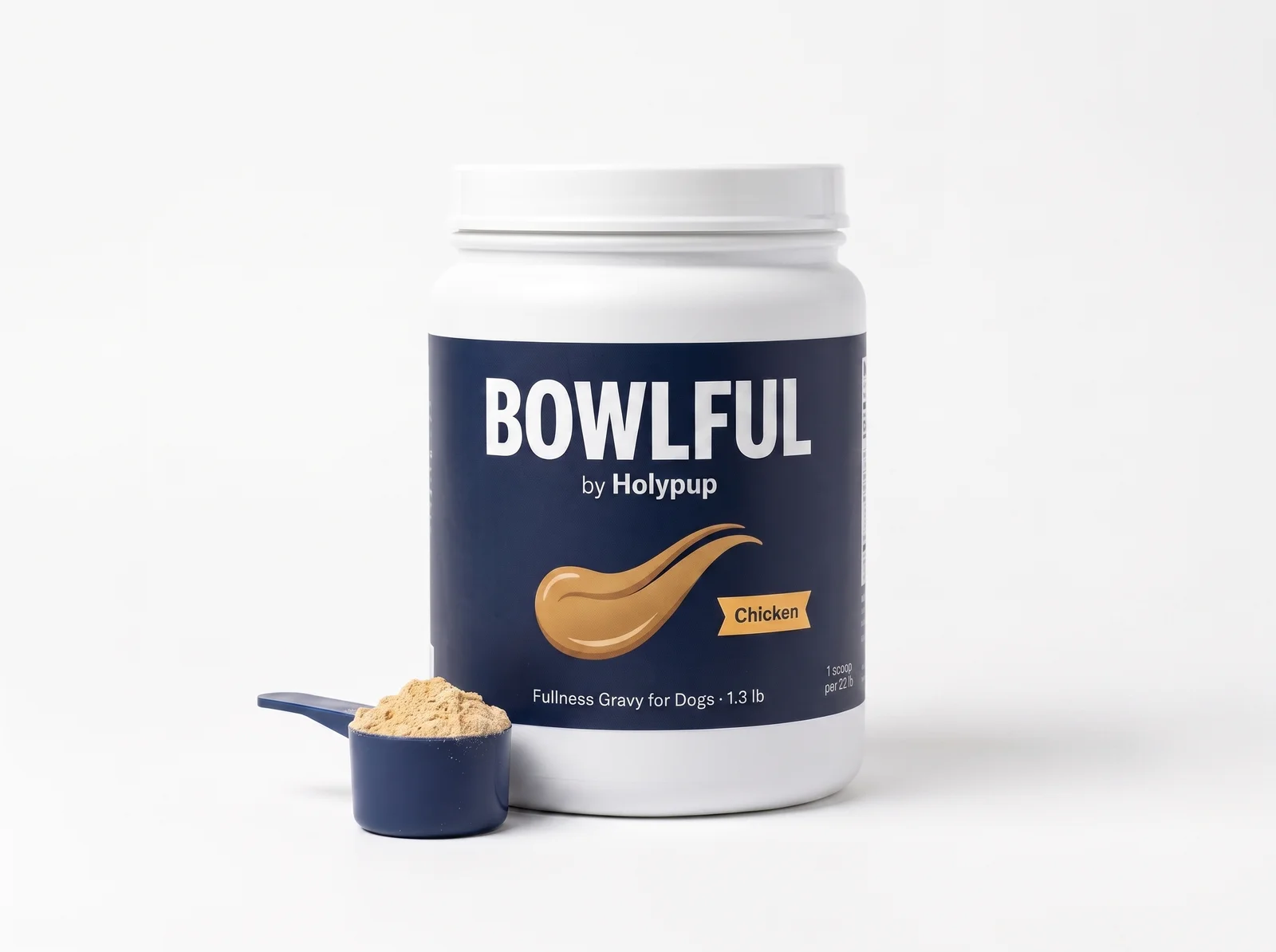 BOWLFUL by Holypup: a 1.3 lb can with a navy label and a navy measuring scoop of powder