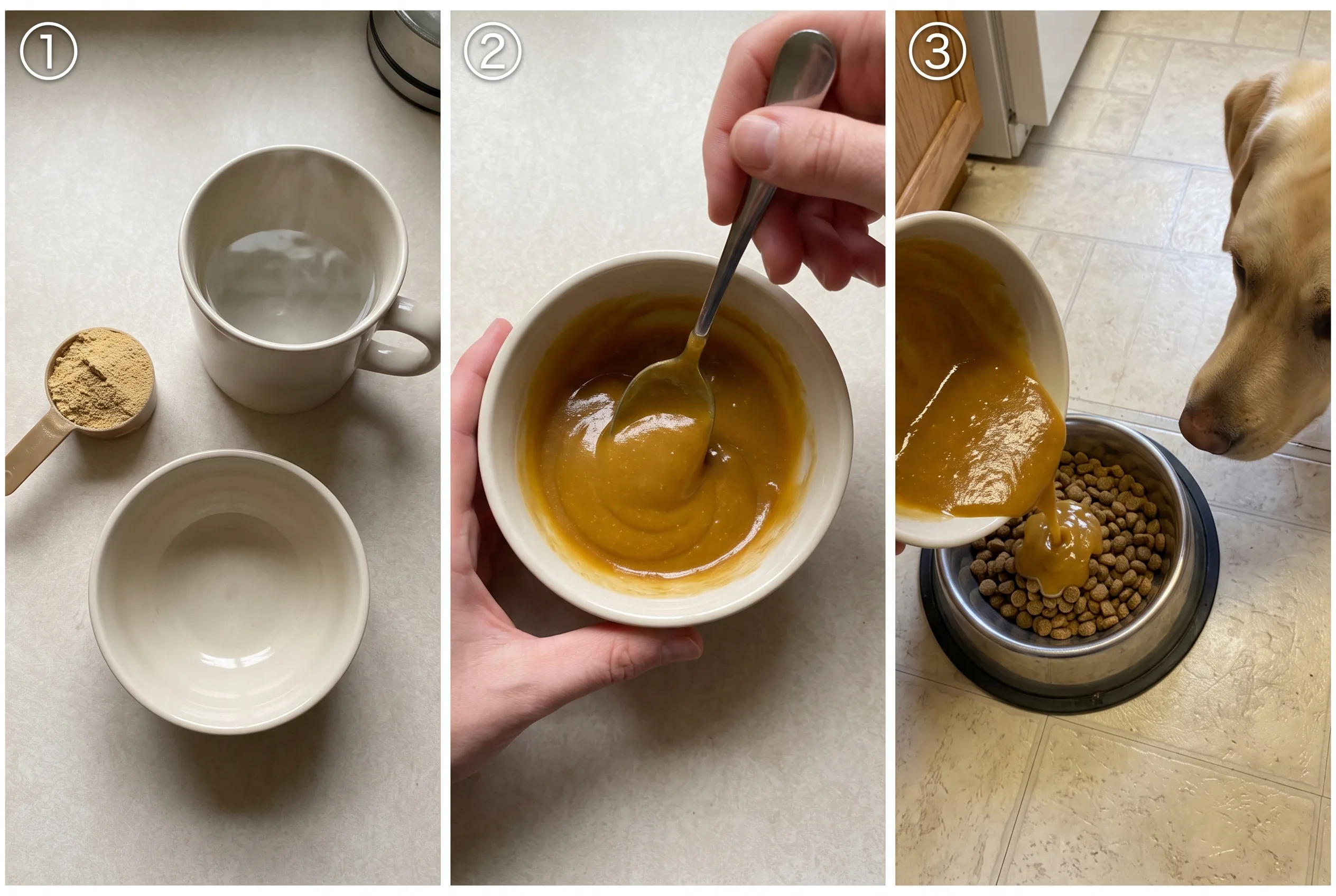 Three steps: scoop of BOWLFUL powder and warm water, stirring the gravy, pouring it over kibble