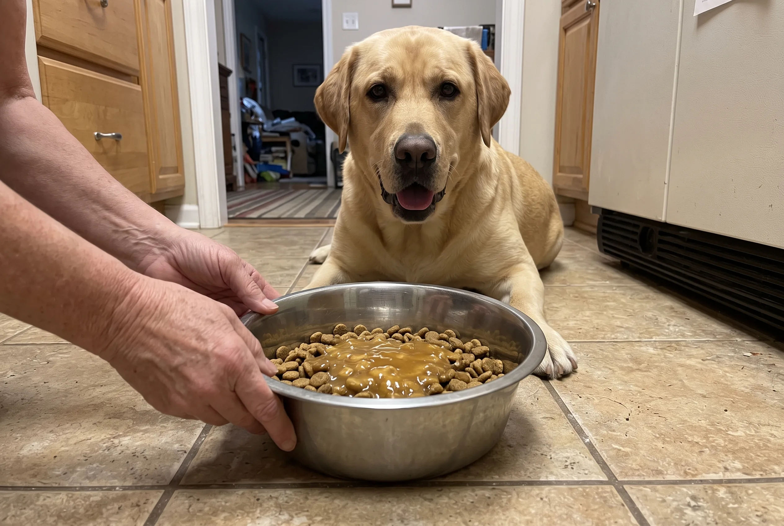 A big yellow Labrador looking at a full bowl of kibble under gravy being set down