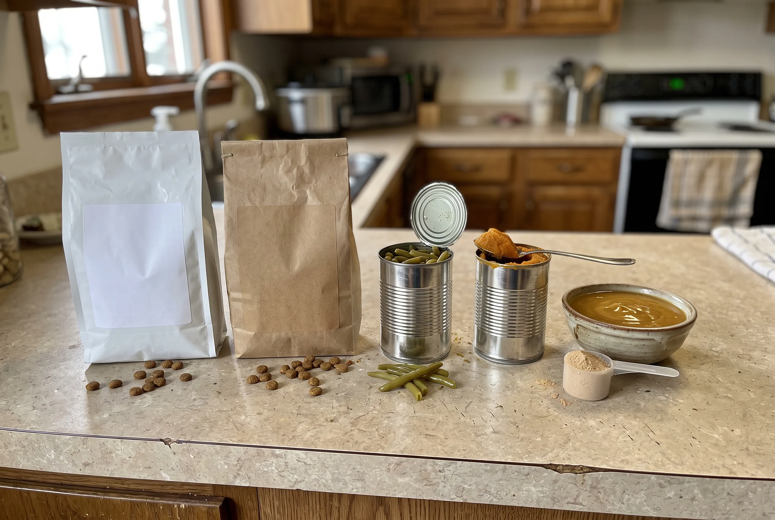 Five ways to fill a dieting dog's bowl lined up on a kitchen counter: two kibble bags, a can of green beans, a can of pumpkin and a bowl of gravy with a scoop of powder