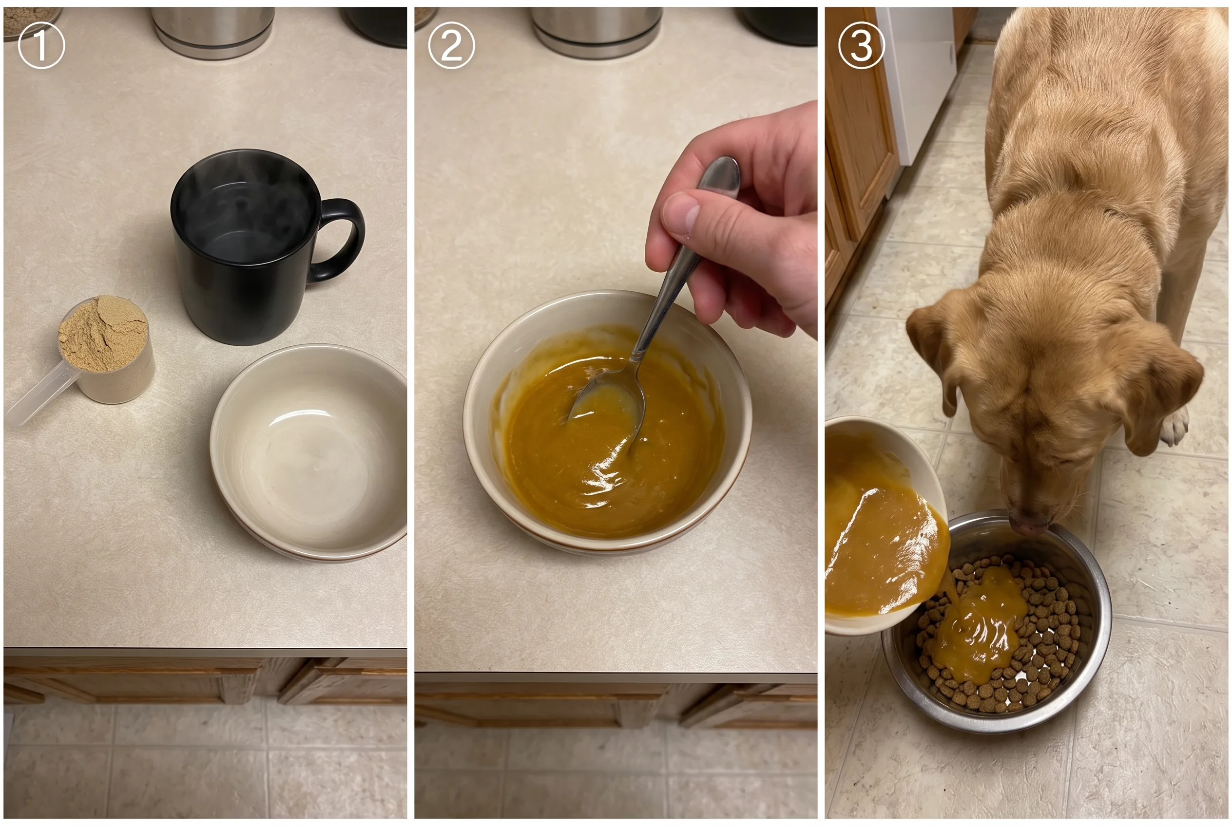 Three panels: a scoop of powder beside a mug of warm water, a hand stirring thick gravy, the gravy poured over a modest portion of kibble as a heavy Labrador leans in